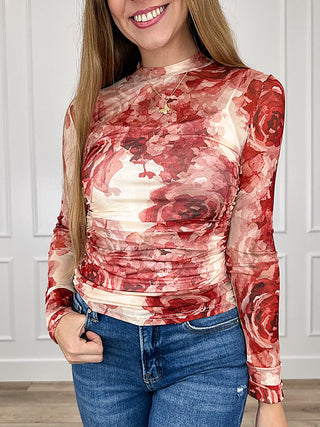 Sheer mesh long-sleeve top, cream with red floral print, ruched waist, high neck