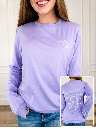 Lavender long-sleeve graphic T-shirt with small chest PowHERful text