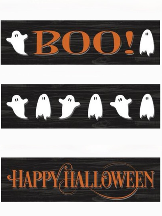 Three wood shelf sitters with 'BOO!', 'HAPPY HALLOWEEN', and ghost cutouts