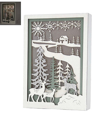 Light-up wood snowscape sign with white frame, glowing snowflakes, trees and winter animals