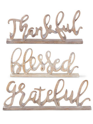 Resin shelf sitter set with cutout script words: Thankful, Blessed, Grateful