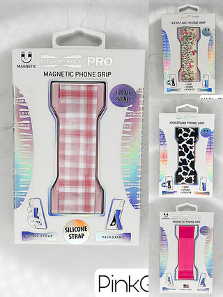 Pink plaid silicone magnetic phone grip with magnetic strap and kickstand backing