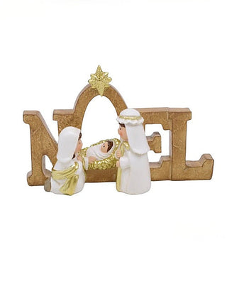 Brown resin nativity decor with gold star and two white-clad figures by arch