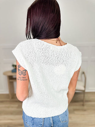 Ivory cotton short-sleeve knit sweater top with V-neck, back view