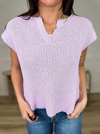 Purple cotton short-sleeve knit sweater top with V-neck and textured rib knit
