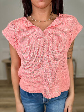 Salmon orange cotton short-sleeve knit sweater top with V-neck, scalloped hem