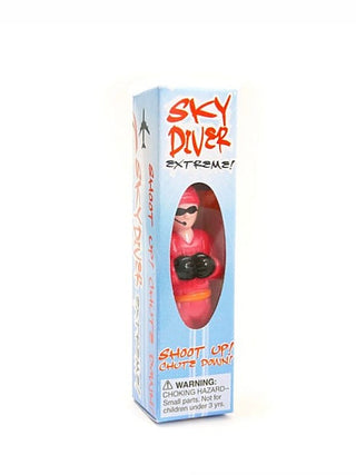 Sky diver toy in box with red suit, molded parachute hood and face mask