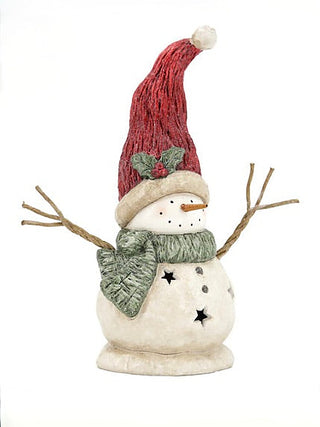 Ivory LED resin snowman decor with red knit hat, green scarf, and branch arms