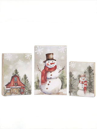 Wood shelf sitter set of three winter snowman and barn decorations