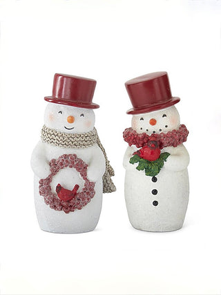 Resin snowy friends decor set with two painted snowmen wearing red hats