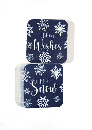 Blue mini holiday wood block set with snowflake and “Holiday Wishes” and “Let It Snow” prints