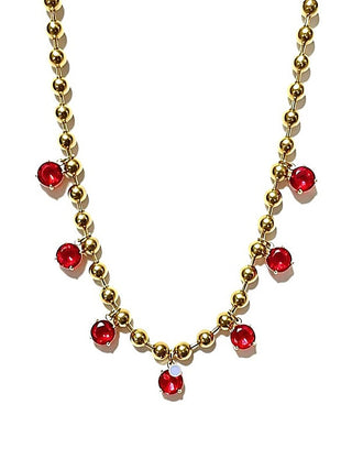 Gold ball-link necklace with red bead charm drops