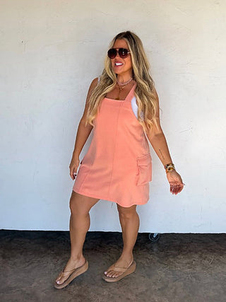 Pink coral cotton-blend overall dress, sleeveless, square neckline, front pocket