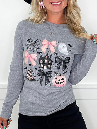 Grey long-sleeve graphic T-shirt with Halloween bats, pumpkins, bow, and house print