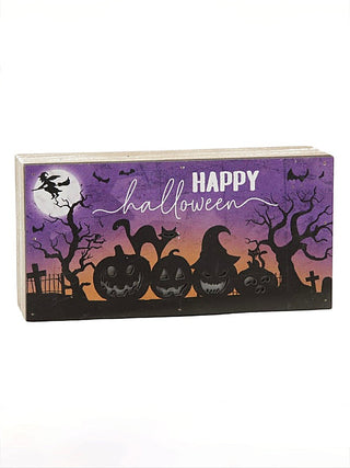 LED wood Halloween decor block with purple Happy Halloween lettering and spooky silhouettes