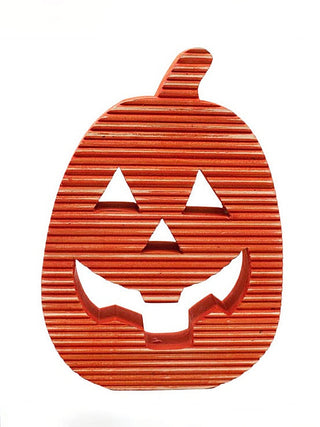 Orange striped wooden pumpkin decor with carved jack-o'-lantern face