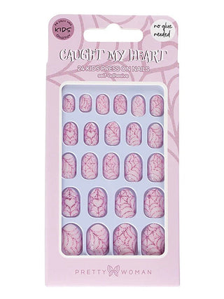Kids press-on nails set with pink heart and skull designs, 24-piece