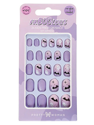 Kids press-on nails set with lavender bat and ghost designs, 24-piece