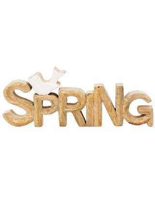 Wooden letter decor sign reading SPRING, carved in light tan wood