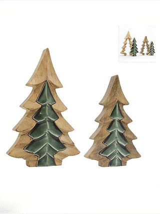 Wooden Christmas tree decor set with green painted layers, two standing tree cutouts