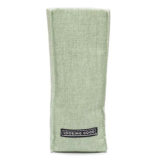 Green fabric glasses holder with "LOOKING GOOD" label near bottom