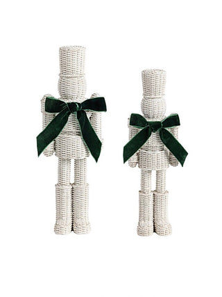 Standing guard resin decor: two white column figures with dark green ribbon bows