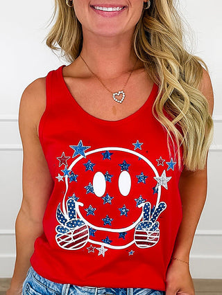 Red cotton graphic tank top with star-spangled smiley face front print