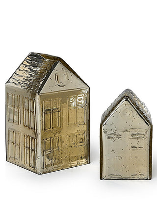Mercury glass house set with amber houses, textured window panels, silver rope borders