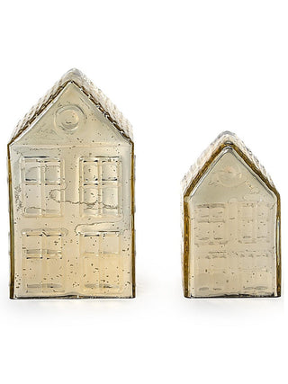 Mercury glass house set with two arched houses, textured windows, silver rope trim