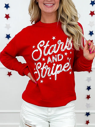 Red long-sleeve crewneck sweatshirt with white Stars and Stripes graphic