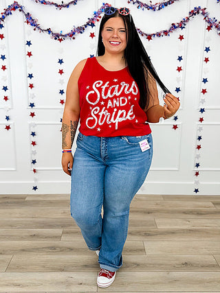 Stars & Stripes Cotton Red Avery Mae Graphic Tank Top (Bella+Canvas) (view 2) | Avery Mae Boutique