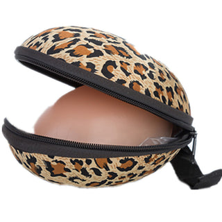 Leopard stick-on garment bra case with elastic strap and black zipper trim