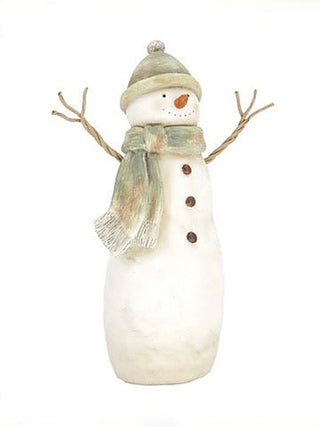 Ivory resin snowman decoration with knit hat, scarf, carrot nose, and raised arms