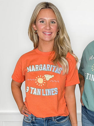 Orange cotton graphic short-sleeve T-shirt with Margaritas & Tanlines print
