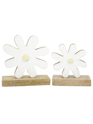 White daisy shelf sitter set: two wooden bases with white flower cutouts