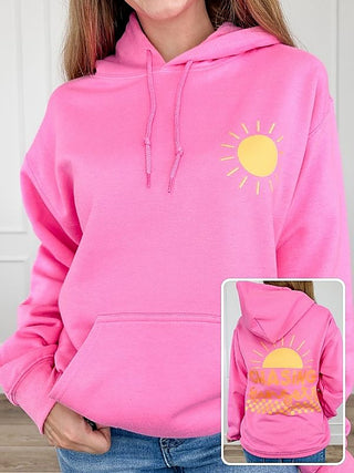 Pink cotton-blend long-sleeve graphic hoodie with hood, drawstrings, and kangaroo pocket