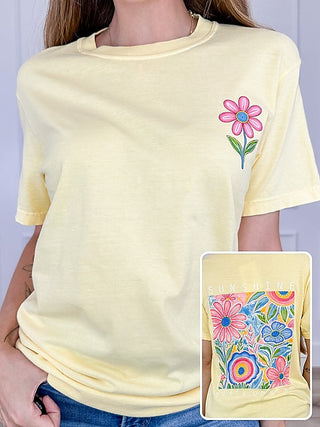Yellow cotton short-sleeve graphic tee with floral design at chest