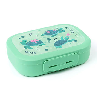 Mint green clip lunchbox with cute turtle sea-animal graphic and front handle slot