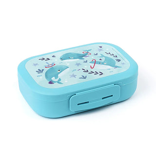 Light blue clip lunchbox with sea-animal and coral graphic and front handle slot