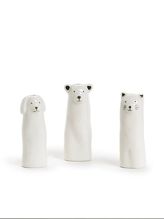 White porcelain animal bud vase set: dog, bear, and cat shapes.