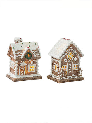 Resin light-up holiday house decoration, two gingerbread-style houses side by side