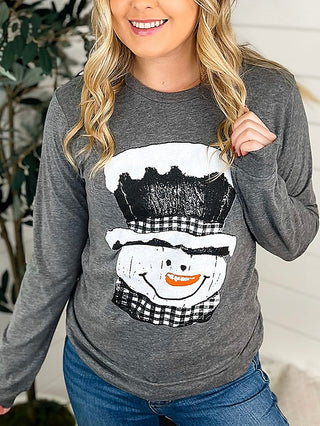 Grey long sleeve tee with snowman graphic and orange carrot nose