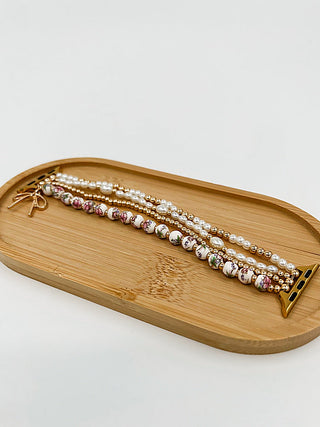 Gold beaded Apple Watch band with multi-row rhinestone beads and hook clasp