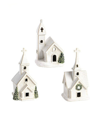 Set of three ceramic church house decor pieces with cross and pine tree accents