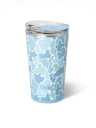 Swig Every Occasion 24oz tumbler, light blue with white abstract pattern and clear lid