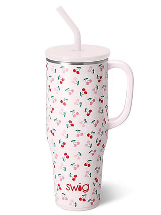 Swig 30oz cherry-pattern insulated tumbler with lid and drinking straw