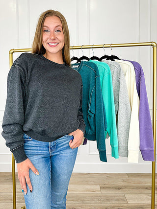 Charcoal gray cotton-blend crewneck sweatshirt with long sleeves