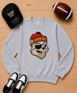 Grey long-sleeve crewneck sweatshirt with Tampa Bay mascot head graphic