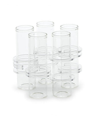 Clear cylindrical glass vase set, multiple open-topped cylinders