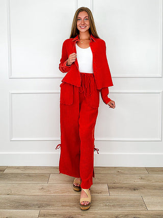 Red high-rise cotton wide-leg pants set with open-front ruffle jacket
